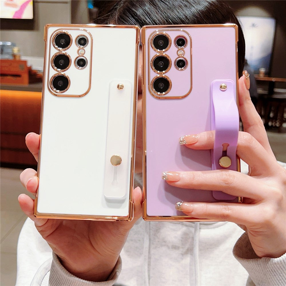 For Samsung Galaxy S24 Ultra TPU Case Wristband Kickstand Electroplated Frame Shockproof Phone Cover