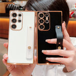 For Samsung Galaxy S24 Ultra TPU Case Wristband Kickstand Electroplated Frame Shockproof Phone Cover