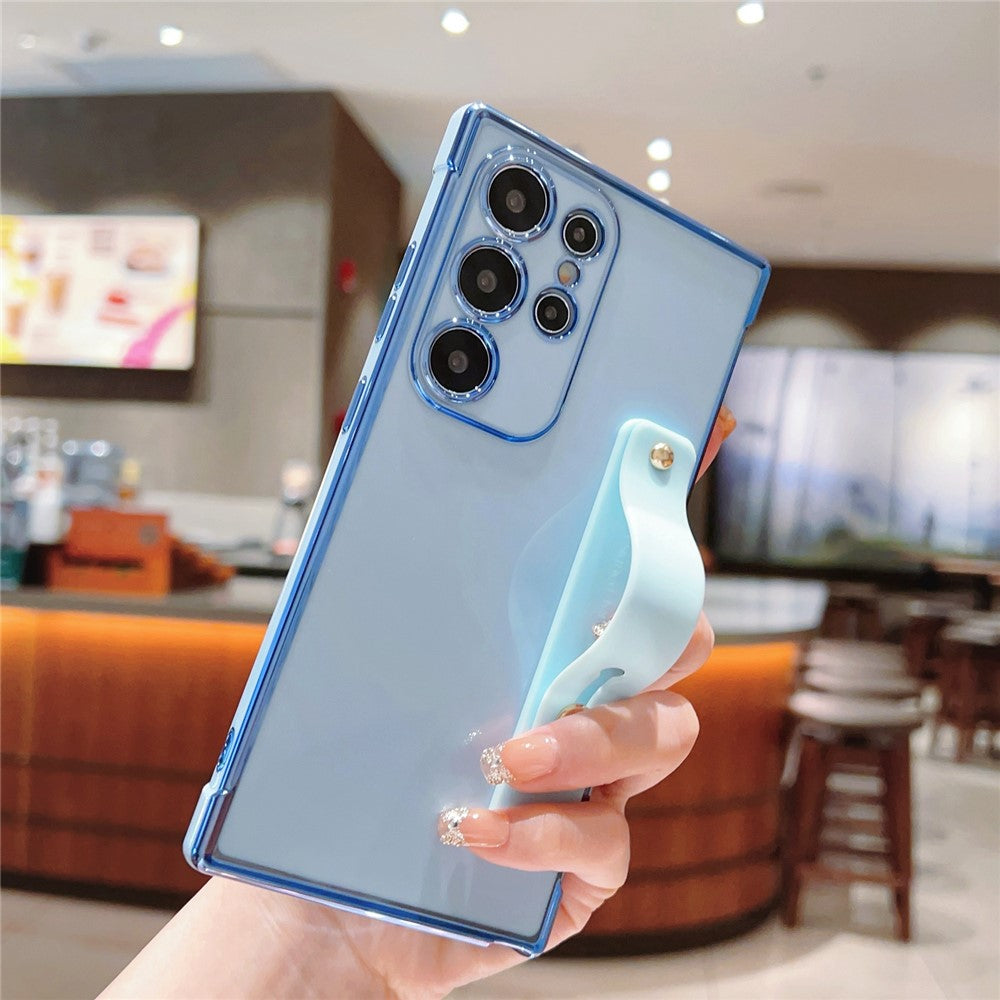 For Samsung Galaxy S24 Ultra TPU Case Wristband Kickstand Electroplated Frame Shockproof Phone Cover