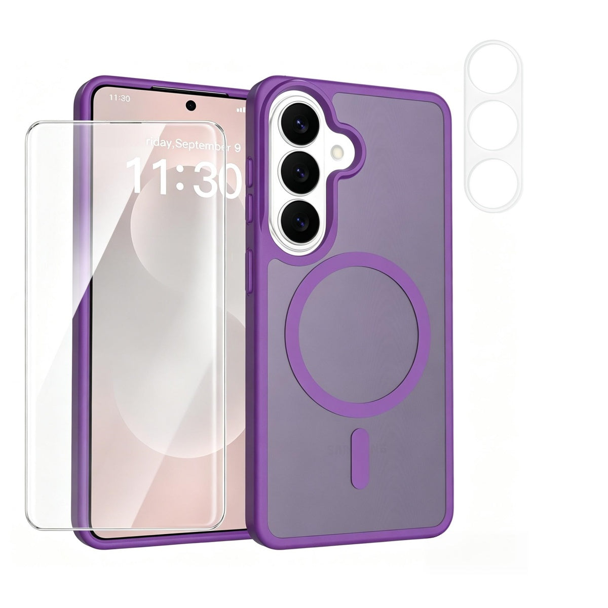 Magnetisk etui til Samsung Galaxy S26, TPU + PC-mobilcover med beskyttelse mod fingeraftryk, skærmbeskyttelse i højstyrke aluminiums-silikoneglas + hærdet glas-linsebeskyttelse