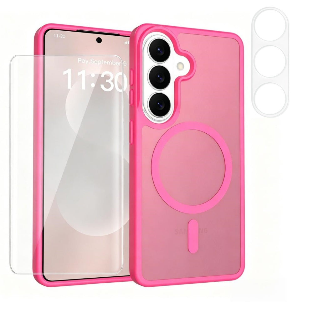 Magnetisk etui til Samsung Galaxy S26, TPU + PC-mobilcover med beskyttelse mod fingeraftryk, skærmbeskyttelse i højstyrke aluminiums-silikoneglas + hærdet glas-linsebeskyttelse