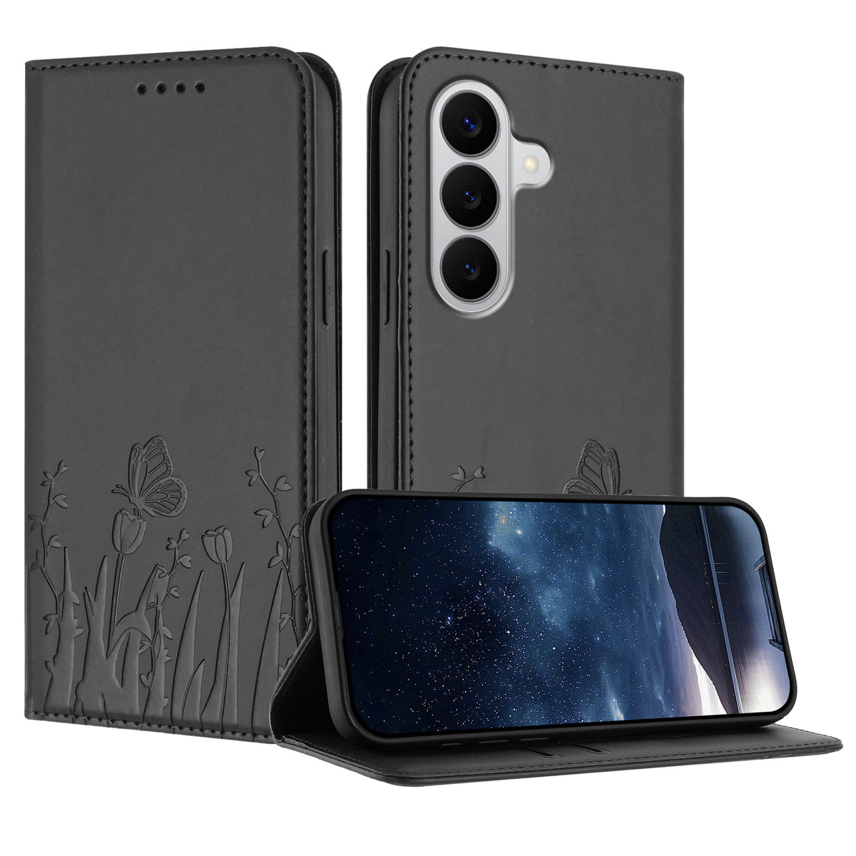 Samsung Galaxy S26 / Galaxy S27 tulpan- och fjärilsmönster Magnetstängning PU-läder plånboksfodral