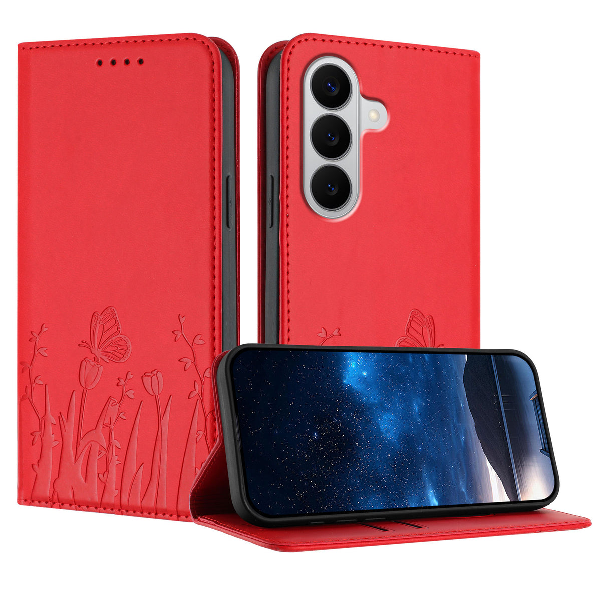 Samsung Galaxy S26 / Galaxy S27 tulpan- och fjärilsmönster Magnetstängning PU-läder plånboksfodral