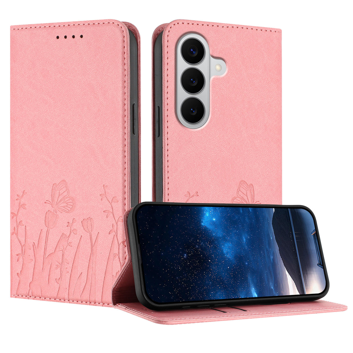 Samsung Galaxy S26 / Galaxy S27 tulpan- och fjärilsmönster Magnetstängning PU-läder plånboksfodral