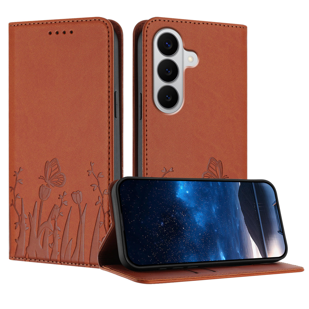 Samsung Galaxy S26 / Galaxy S27 tulpan- och fjärilsmönster Magnetstängning PU-läder plånboksfodral