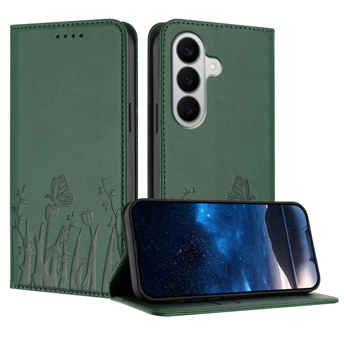 Samsung Galaxy S26 / Galaxy S27 tulpan- och fjärilsmönster Magnetstängning PU-läder plånboksfodral