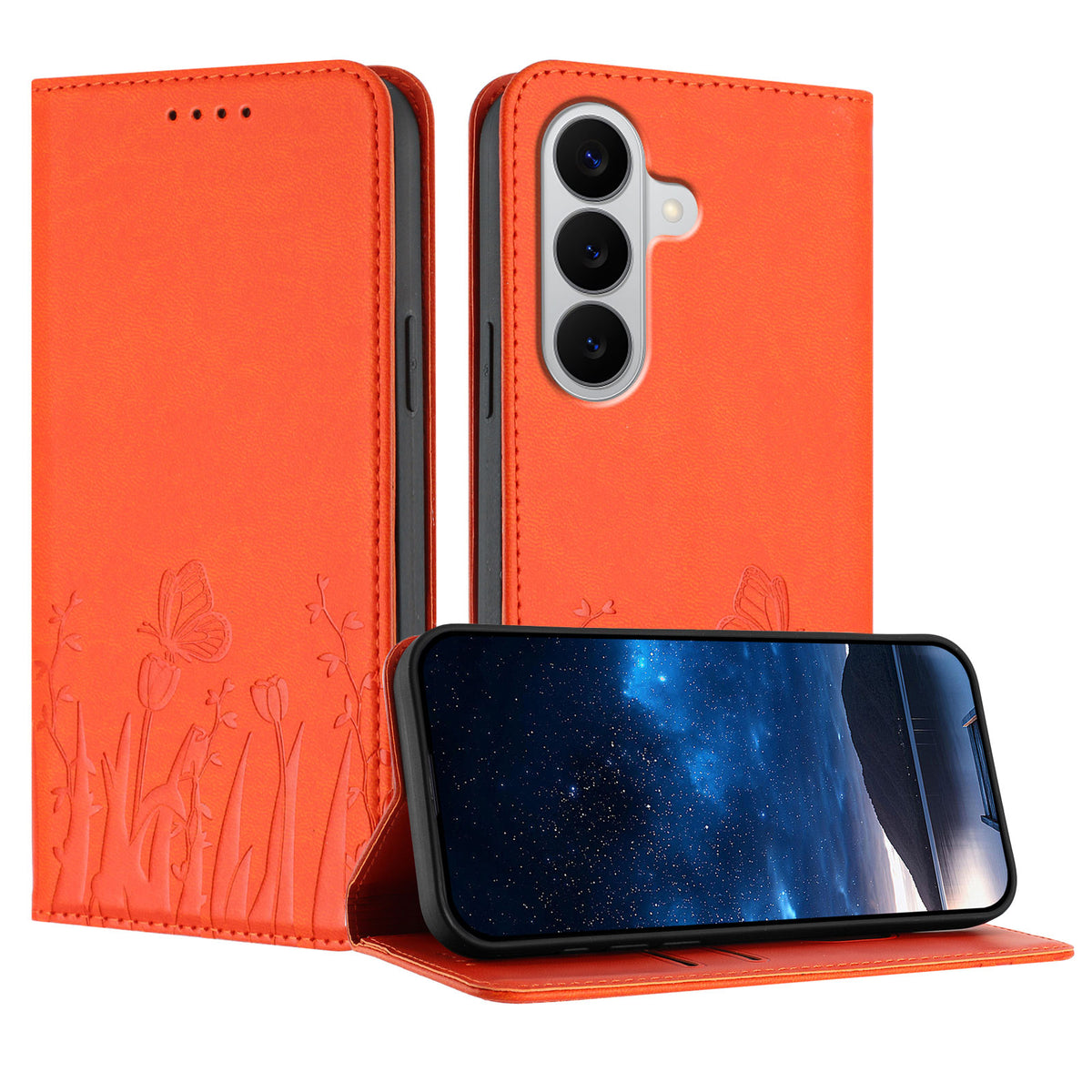 Samsung Galaxy S26 / Galaxy S27 tulpan- och fjärilsmönster Magnetstängning PU-läder plånboksfodral