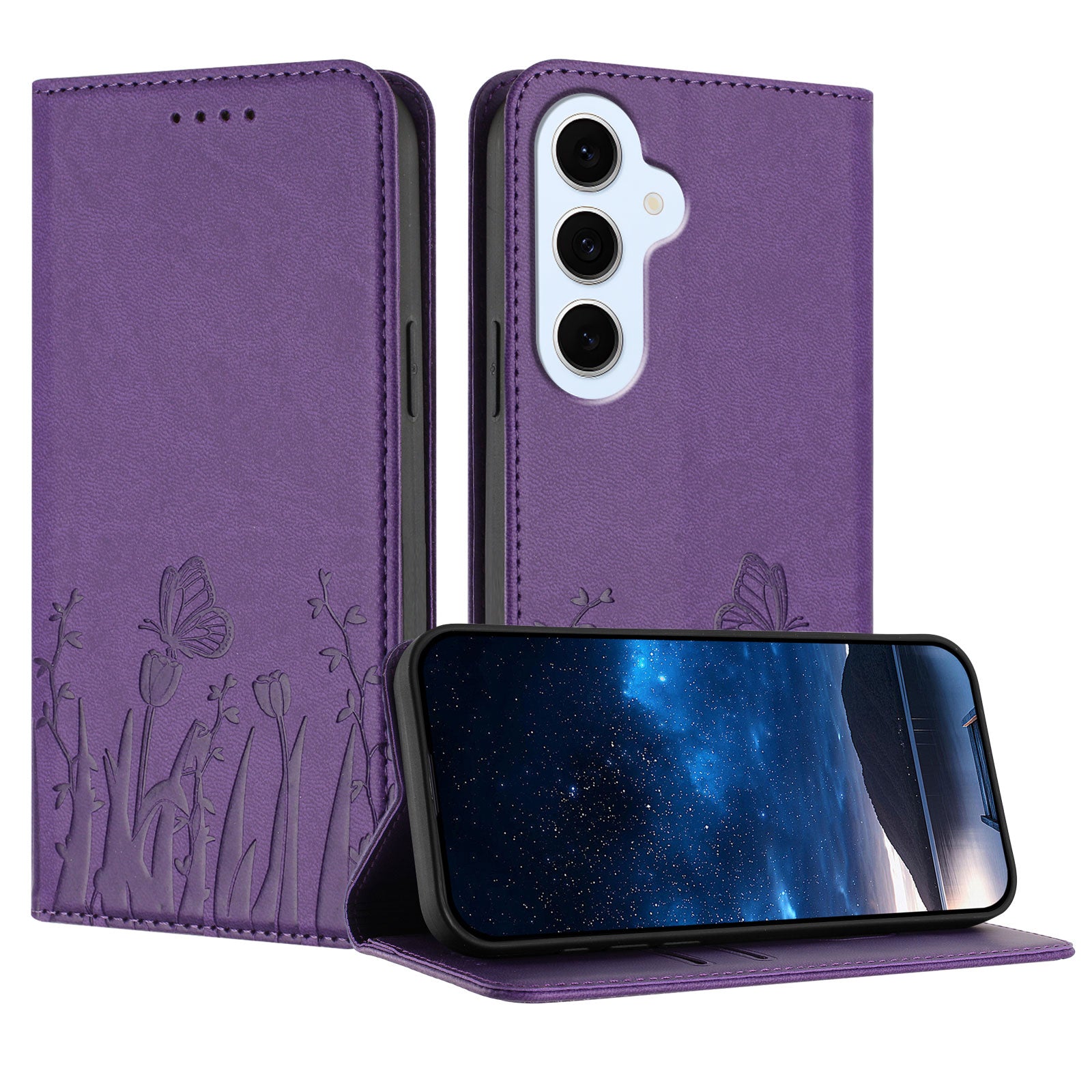 Samsung Galaxy S25 FE / Galaxy S26 FE Tulpan- och fjärilsmönster Magnetstängning PU-läder plånboksfodral