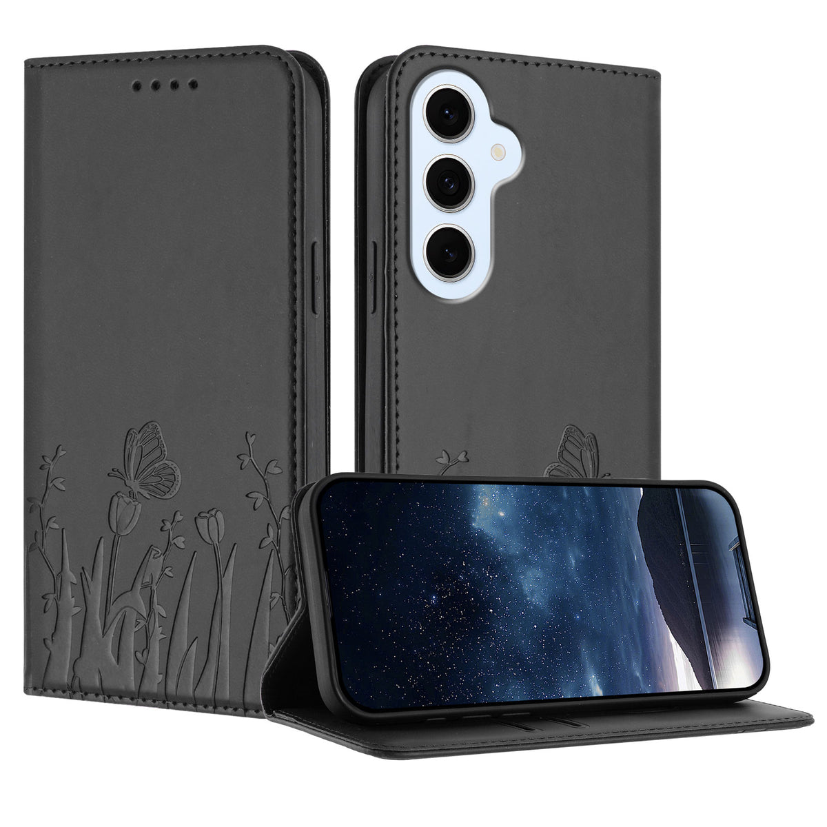 Samsung Galaxy S25 FE / Galaxy S26 FE Tulpan- och fjärilsmönster Magnetstängning PU-läder plånboksfodral