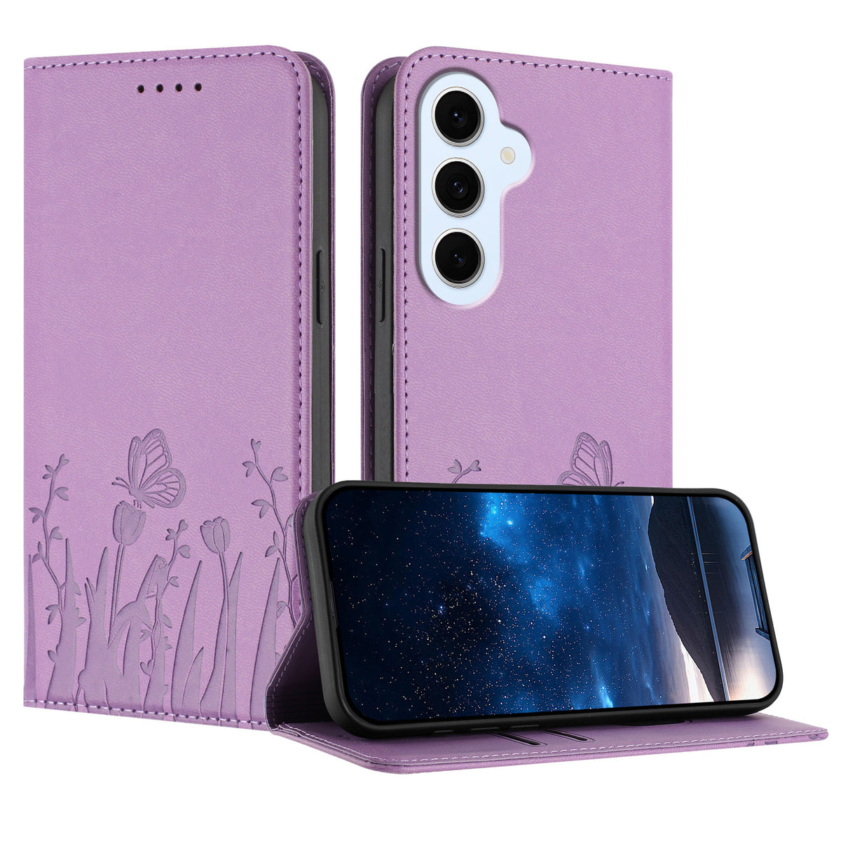 Samsung Galaxy S25 FE / Galaxy S26 FE Tulpan- och fjärilsmönster Magnetstängning PU-läder plånboksfodral