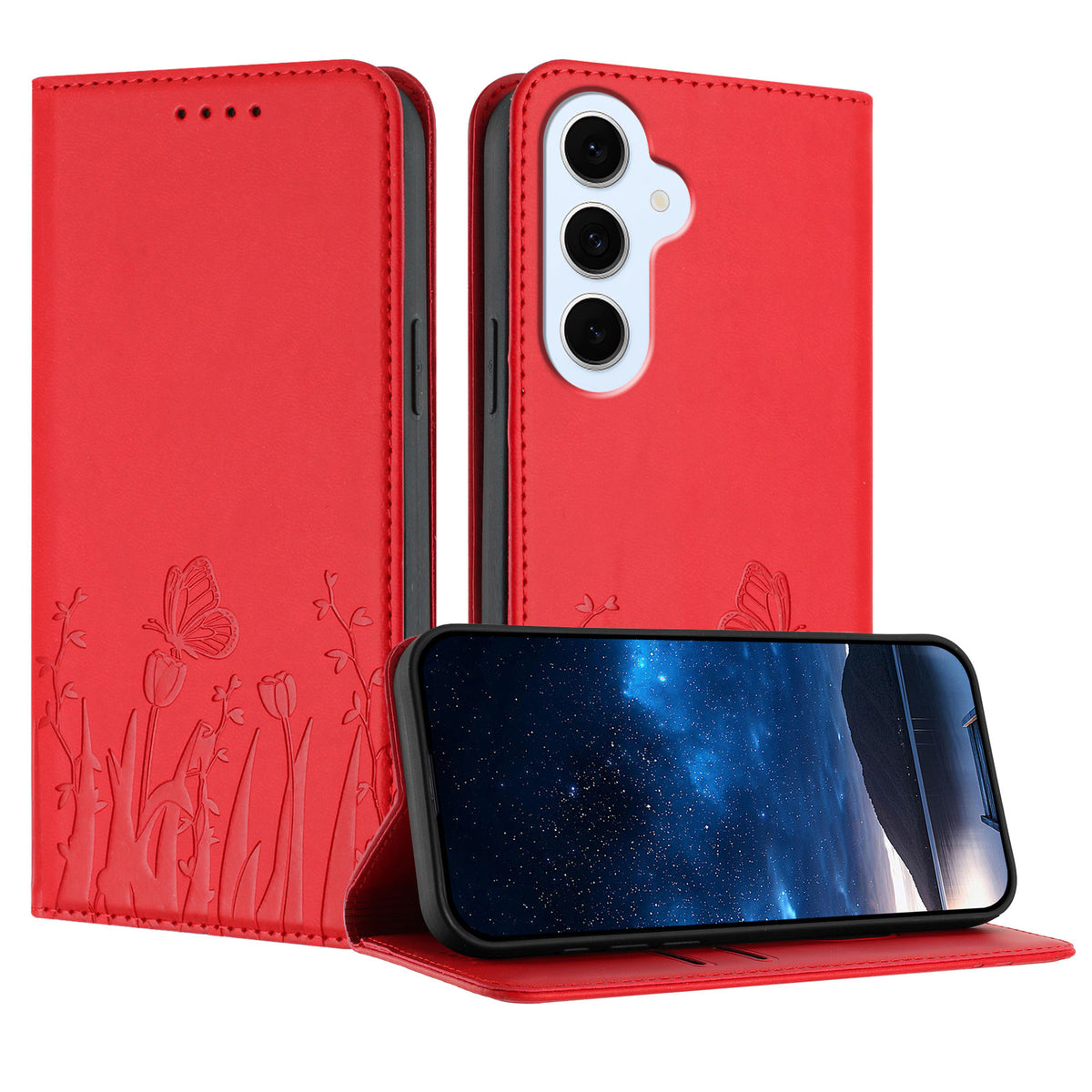 Samsung Galaxy S25 FE / Galaxy S26 FE Tulpan- och fjärilsmönster Magnetstängning PU-läder plånboksfodral