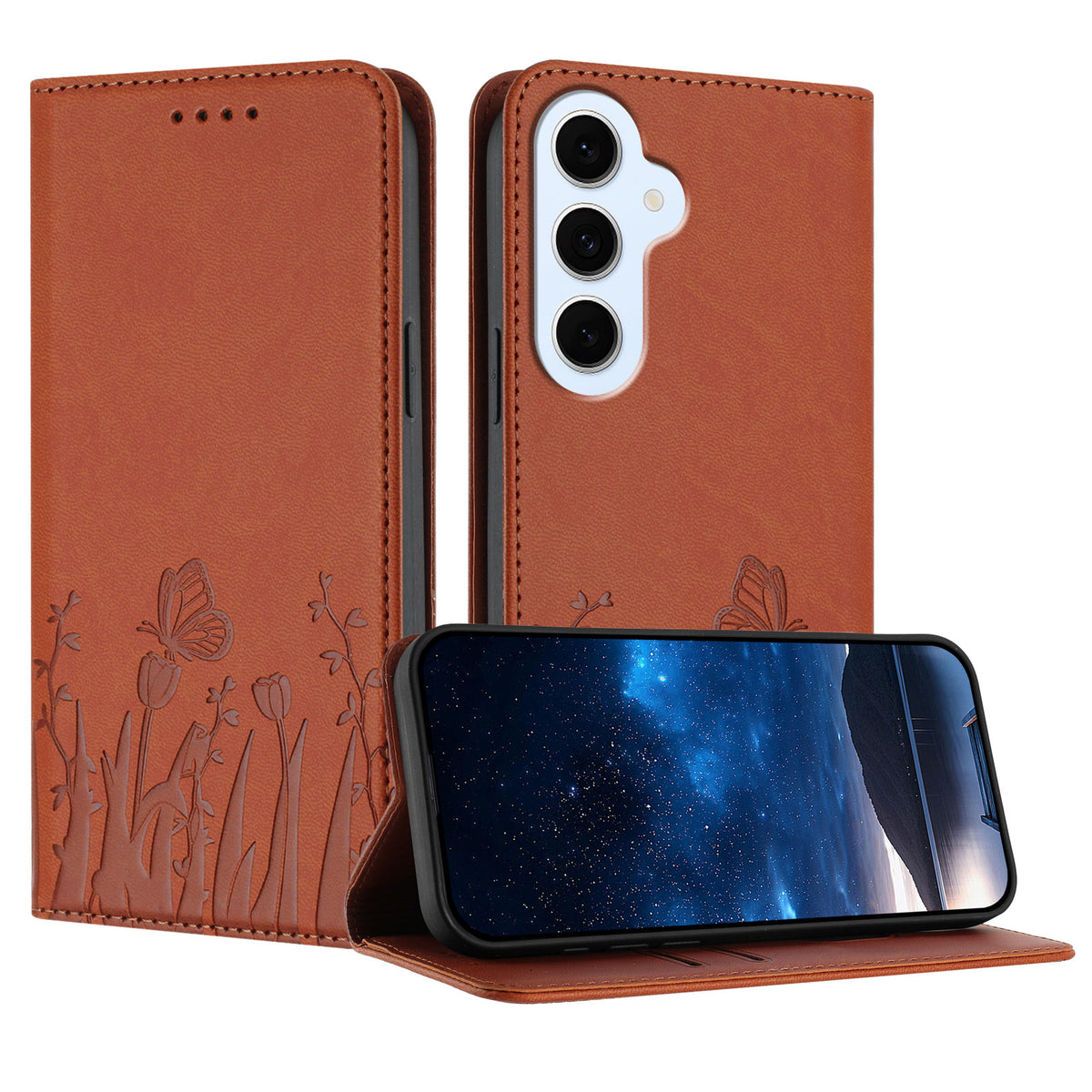 Samsung Galaxy S25 FE / Galaxy S26 FE Tulpan- och fjärilsmönster Magnetstängning PU-läder plånboksfodral