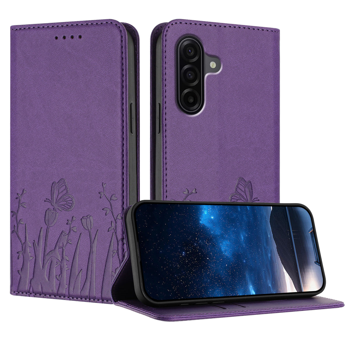 Samsung Galaxy A57 5G Tulpan- och fjärilsmönster Magnetstängning PU-läder Plånboksfodral