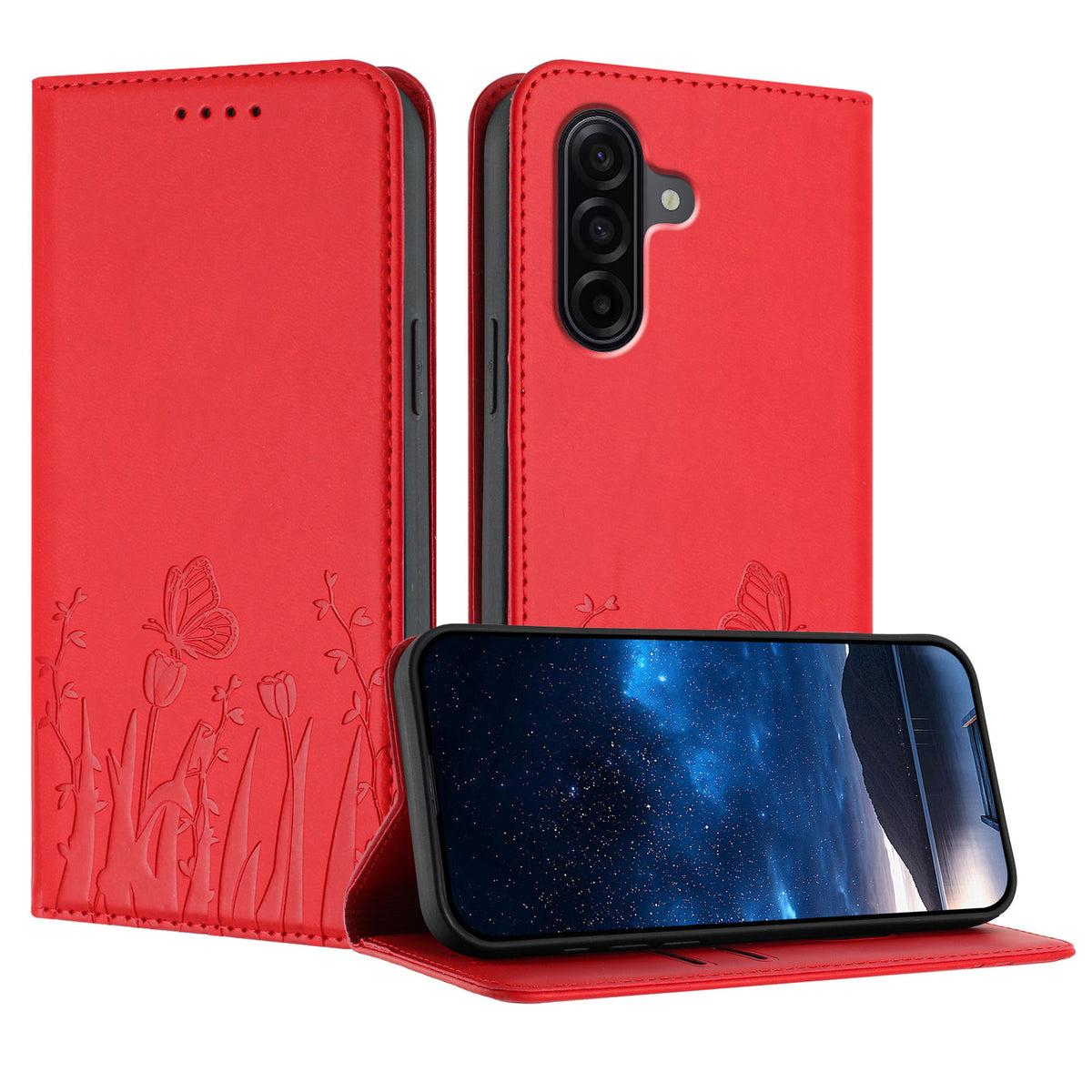 Samsung Galaxy A57 5G Tulpan- och fjärilsmönster Magnetstängning PU-läder Plånboksfodral