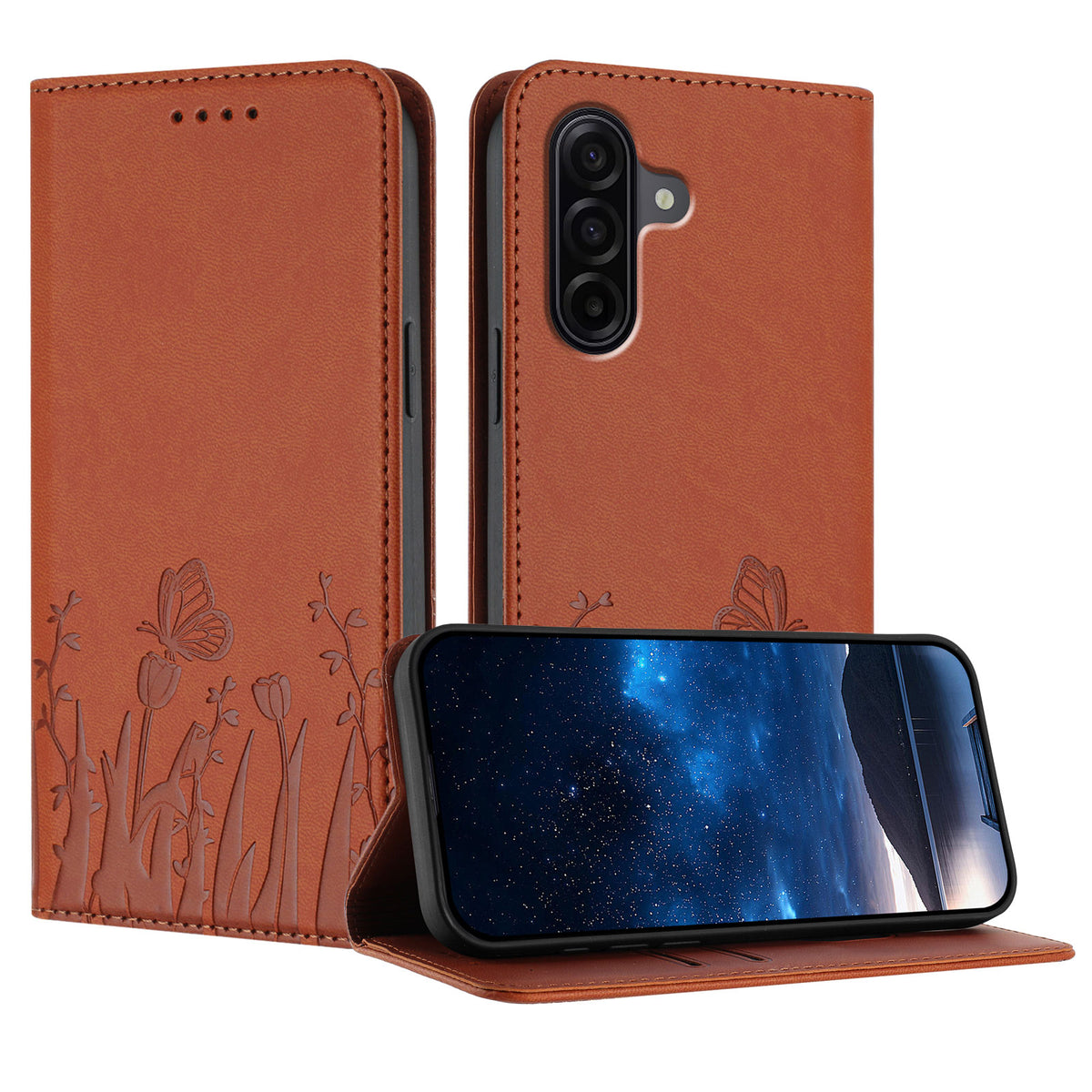 Samsung Galaxy A57 5G Tulpan- och fjärilsmönster Magnetstängning PU-läder Plånboksfodral