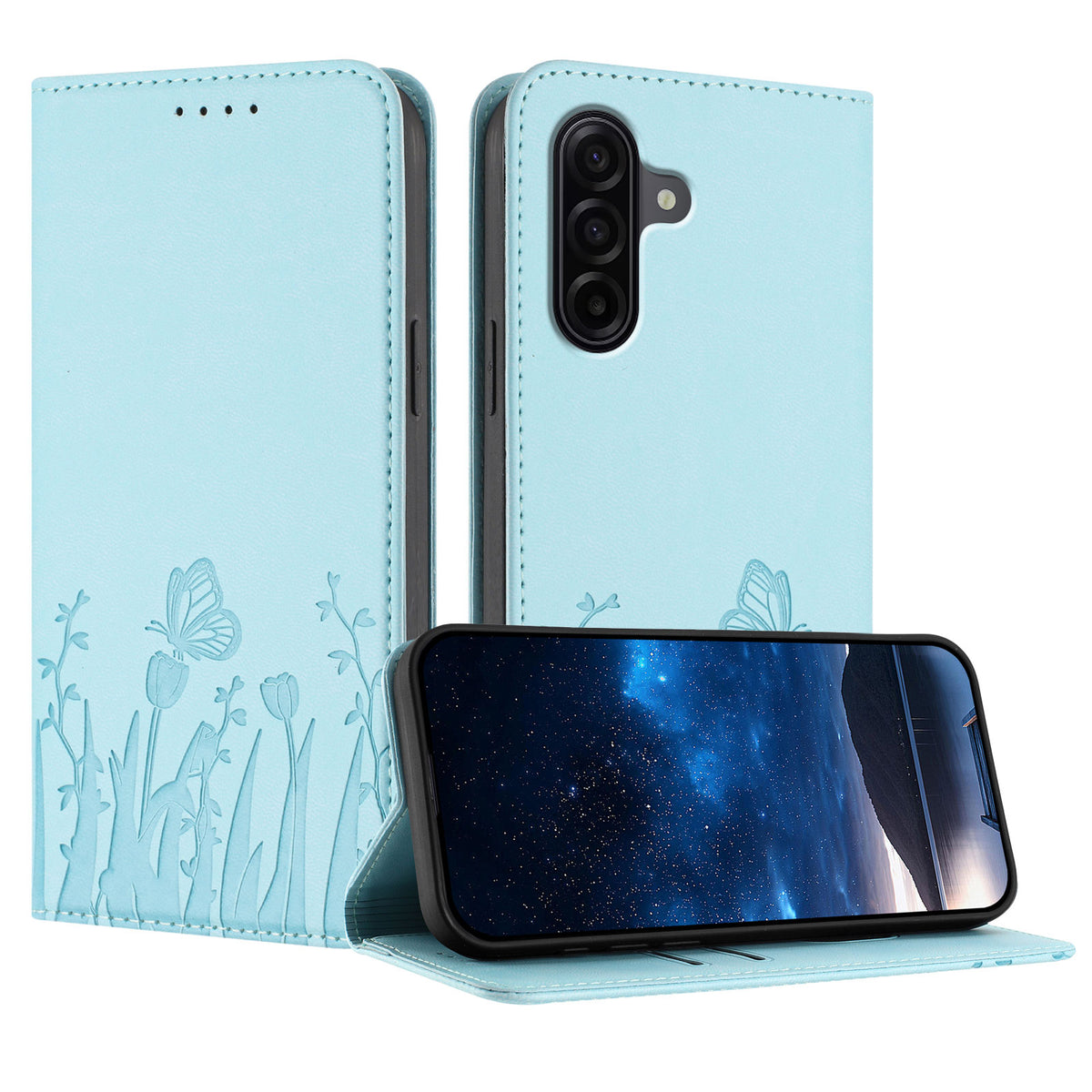 Samsung Galaxy A57 5G Tulpan- och fjärilsmönster Magnetstängning PU-läder Plånboksfodral