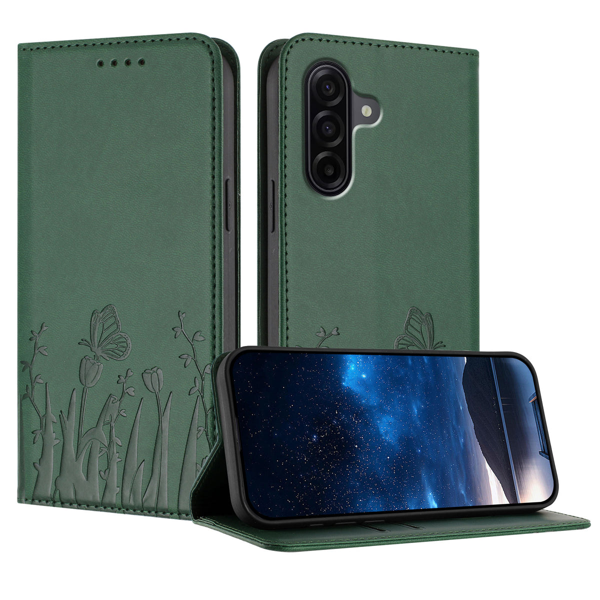 Samsung Galaxy A57 5G Tulpan- och fjärilsmönster Magnetstängning PU-läder Plånboksfodral