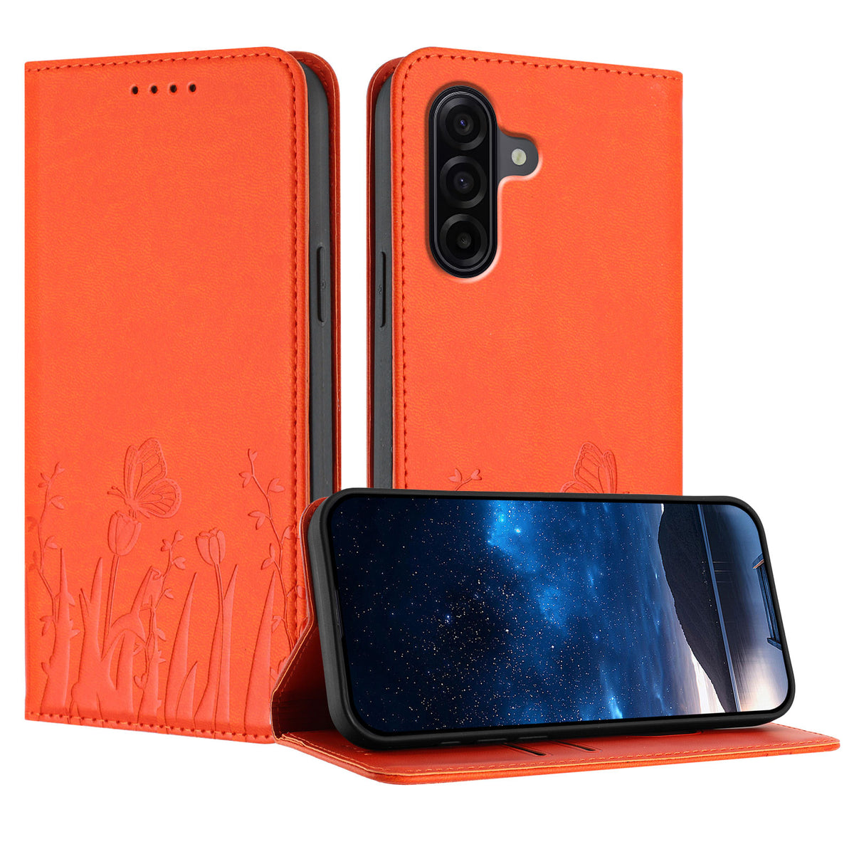 Samsung Galaxy A57 5G Tulpan- och fjärilsmönster Magnetstängning PU-läder Plånboksfodral
