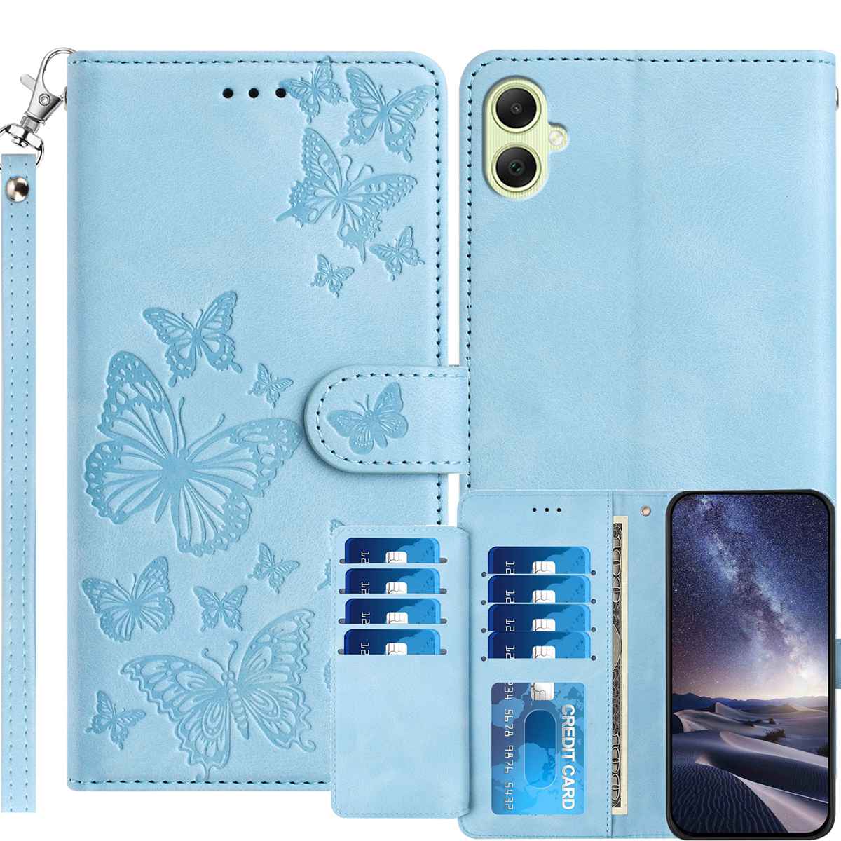 Samsung Galaxy A06 5G / Galaxy A07 5G / Galaxy A08 5G-pungcover med støttefunktion til 8 kort, trykt sommerfuglemønster, PU-lædercover med håndledsrem