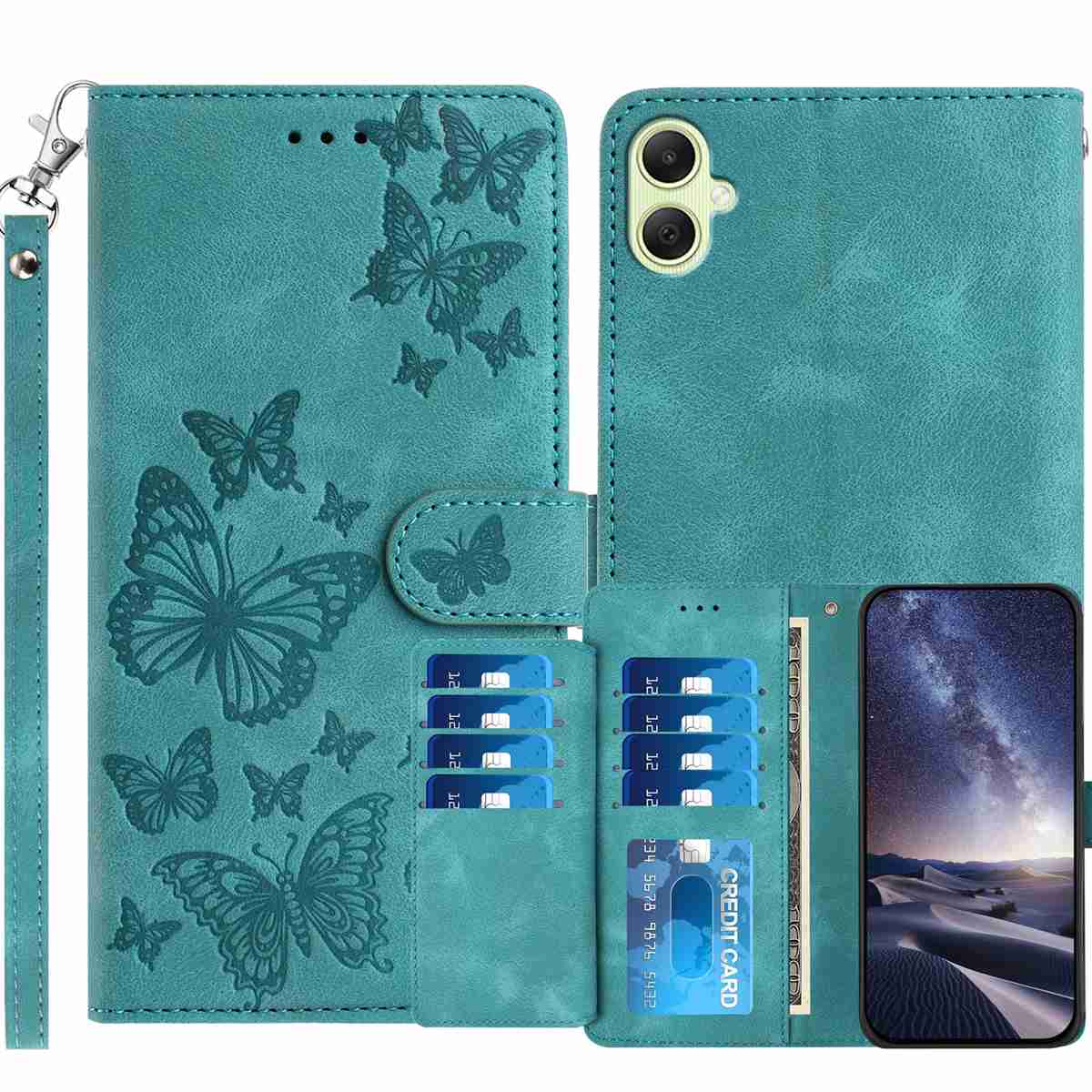 Samsung Galaxy A06 5G / Galaxy A07 5G / Galaxy A08 5G-pungcover med støttefunktion til 8 kort, trykt sommerfuglemønster, PU-lædercover med håndledsrem