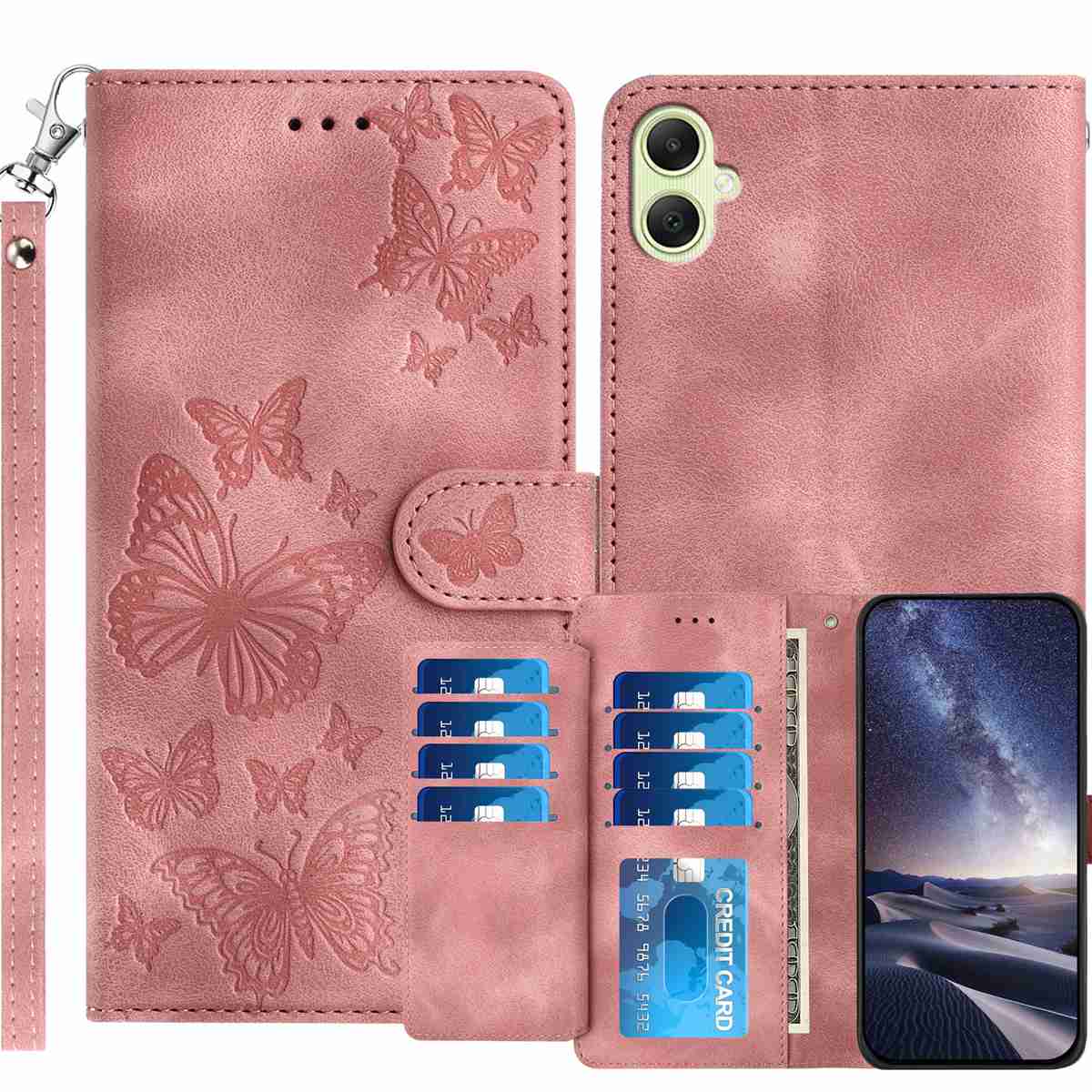 Samsung Galaxy A06 5G / Galaxy A07 5G / Galaxy A08 5G-pungcover med støttefunktion til 8 kort, trykt sommerfuglemønster, PU-lædercover med håndledsrem