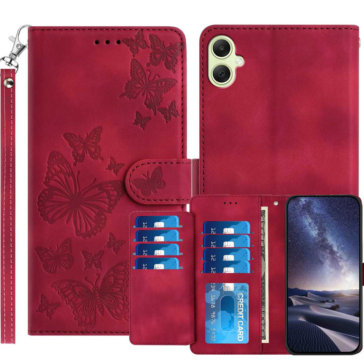 Samsung Galaxy A06 5G / Galaxy A07 5G / Galaxy A08 5G-pungcover med støttefunktion til 8 kort, trykt sommerfuglemønster, PU-lædercover med håndledsrem