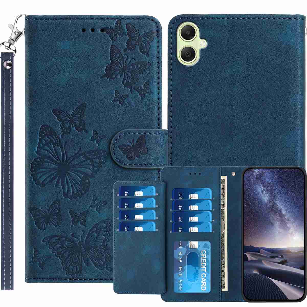 Samsung Galaxy A06 5G / Galaxy A07 5G / Galaxy A08 5G-pungcover med støttefunktion til 8 kort, trykt sommerfuglemønster, PU-lædercover med håndledsrem