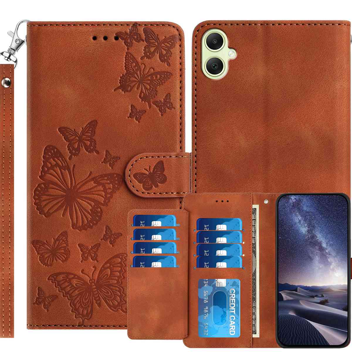 Samsung Galaxy A06 5G / Galaxy A07 5G / Galaxy A08 5G Plånboksfodral med stativ för 8 kort, tryckt fjärilsmönster, PU-läderfodral med handledsrem
