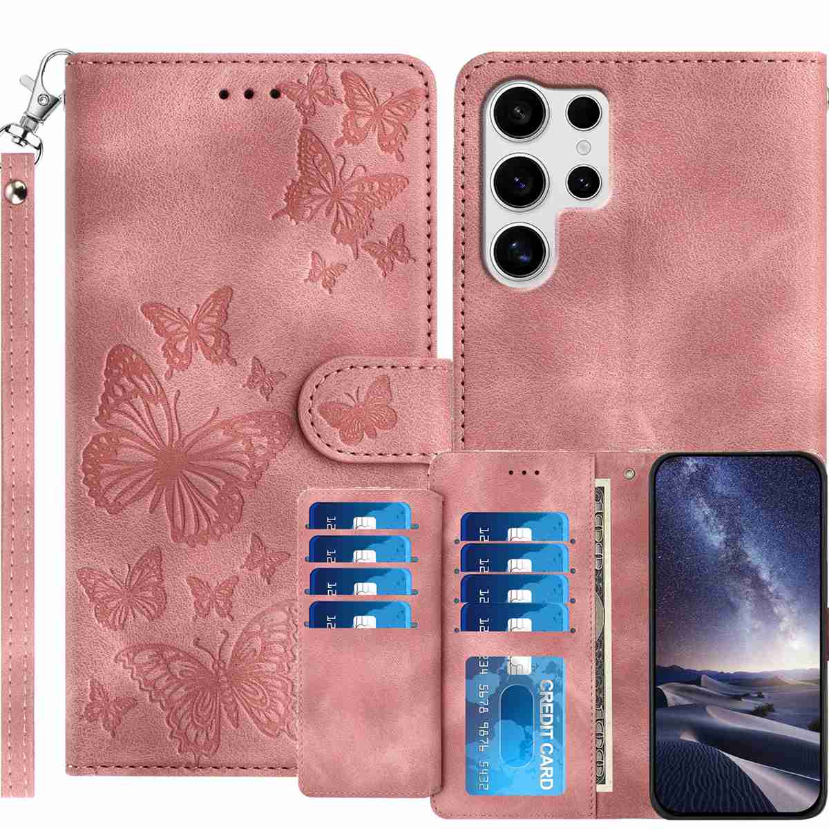 Samsung Galaxy S26 Ultra Plånboksfodral med 8 kortfack, tryckt fjärilsmönster, PU-läderfodral med handledsrem