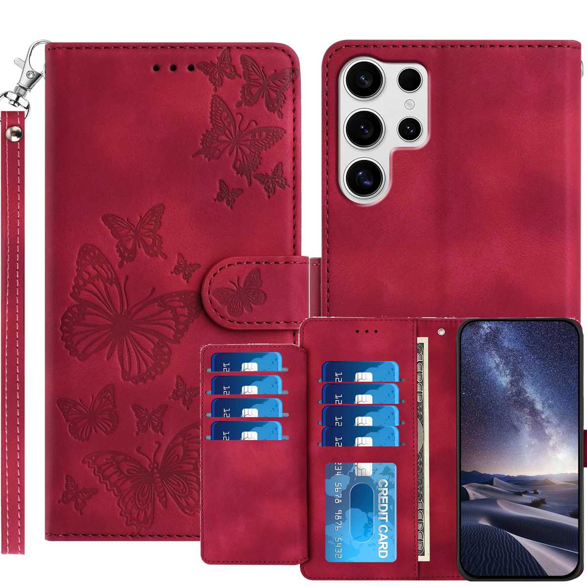 Samsung Galaxy S26 Ultra Plånboksfodral med 8 kortfack, tryckt fjärilsmönster, PU-läderfodral med handledsrem