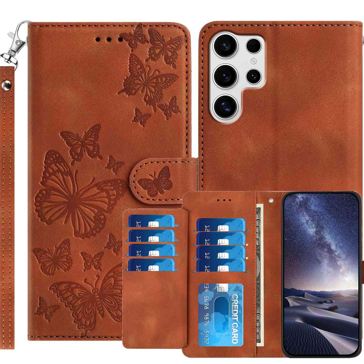 Samsung Galaxy S26 Ultra Plånboksfodral med 8 kortfack, tryckt fjärilsmönster, PU-läderfodral med handledsrem