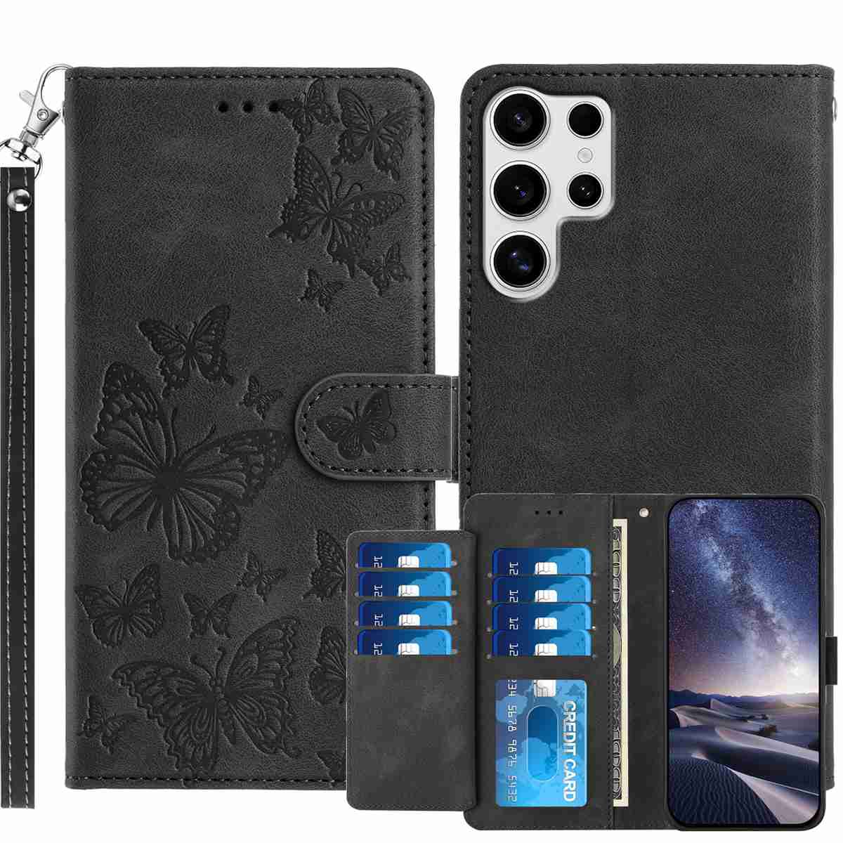Samsung Galaxy S26 Ultra Plånboksfodral med 8 kortfack, tryckt fjärilsmönster, PU-läderfodral med handledsrem