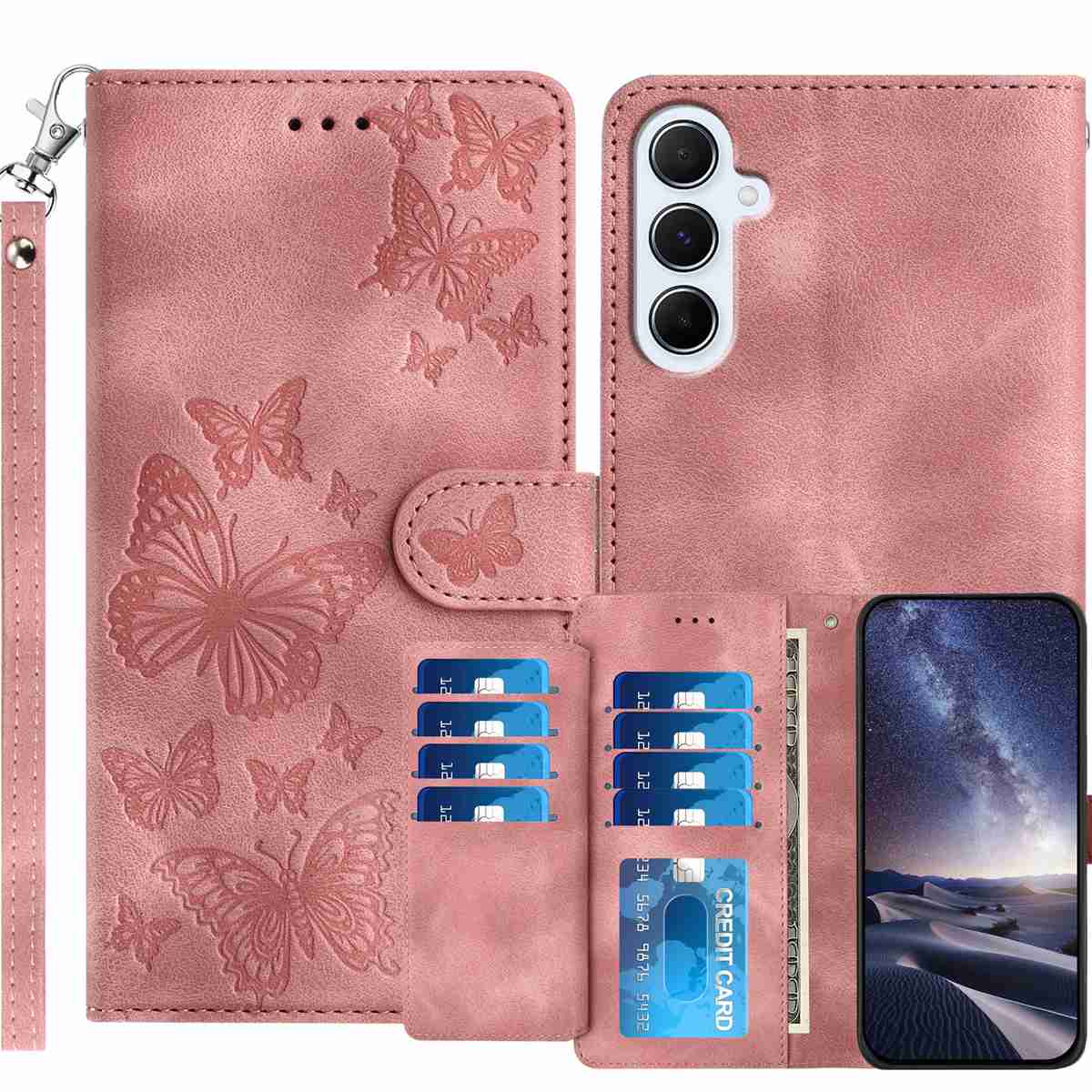 Samsung Galaxy S26 FE Plånboksfodral med 8 kortfack, tryckt fjärilsmönster, PU-läderfodral med handledsrem