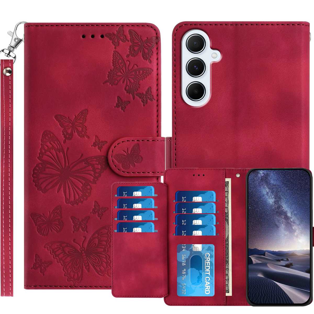 Samsung Galaxy S26 FE Plånboksfodral med 8 kortfack, tryckt fjärilsmönster, PU-läderfodral med handledsrem