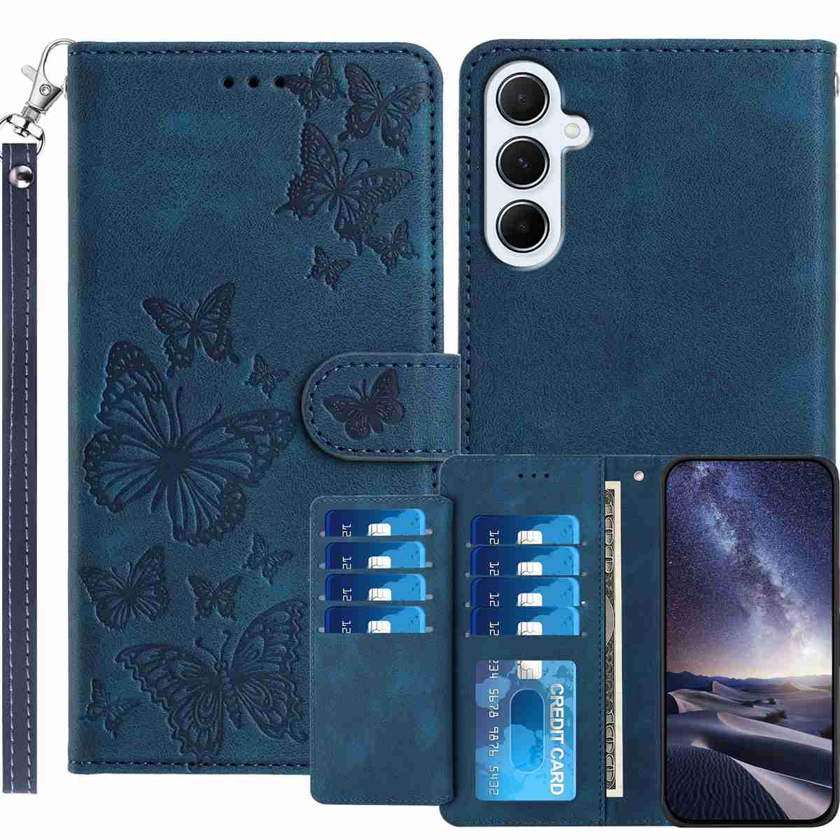 Samsung Galaxy S26 FE Plånboksfodral med 8 kortfack, tryckt fjärilsmönster, PU-läderfodral med handledsrem