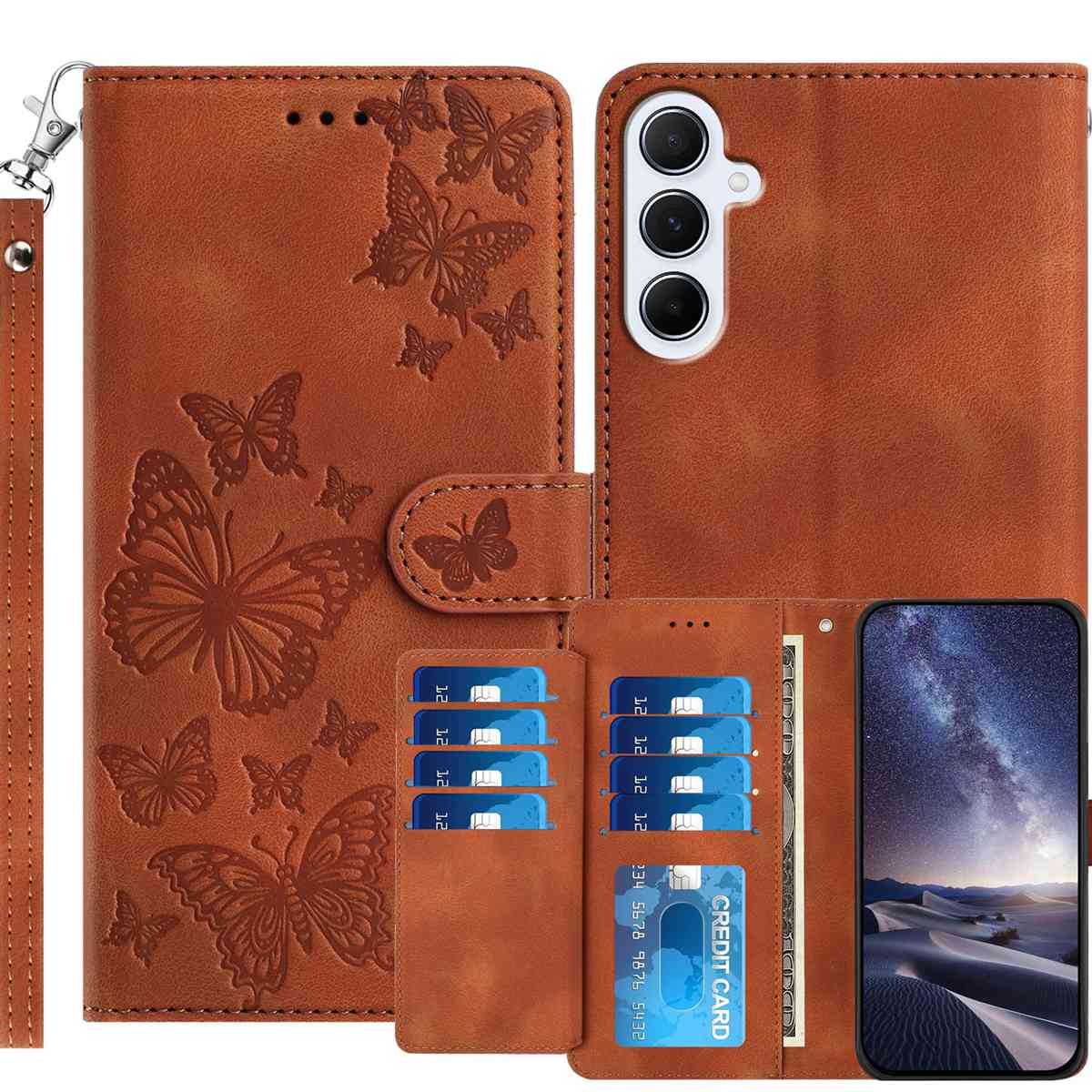 Samsung Galaxy S26 FE Plånboksfodral med 8 kortfack, tryckt fjärilsmönster, PU-läderfodral med handledsrem