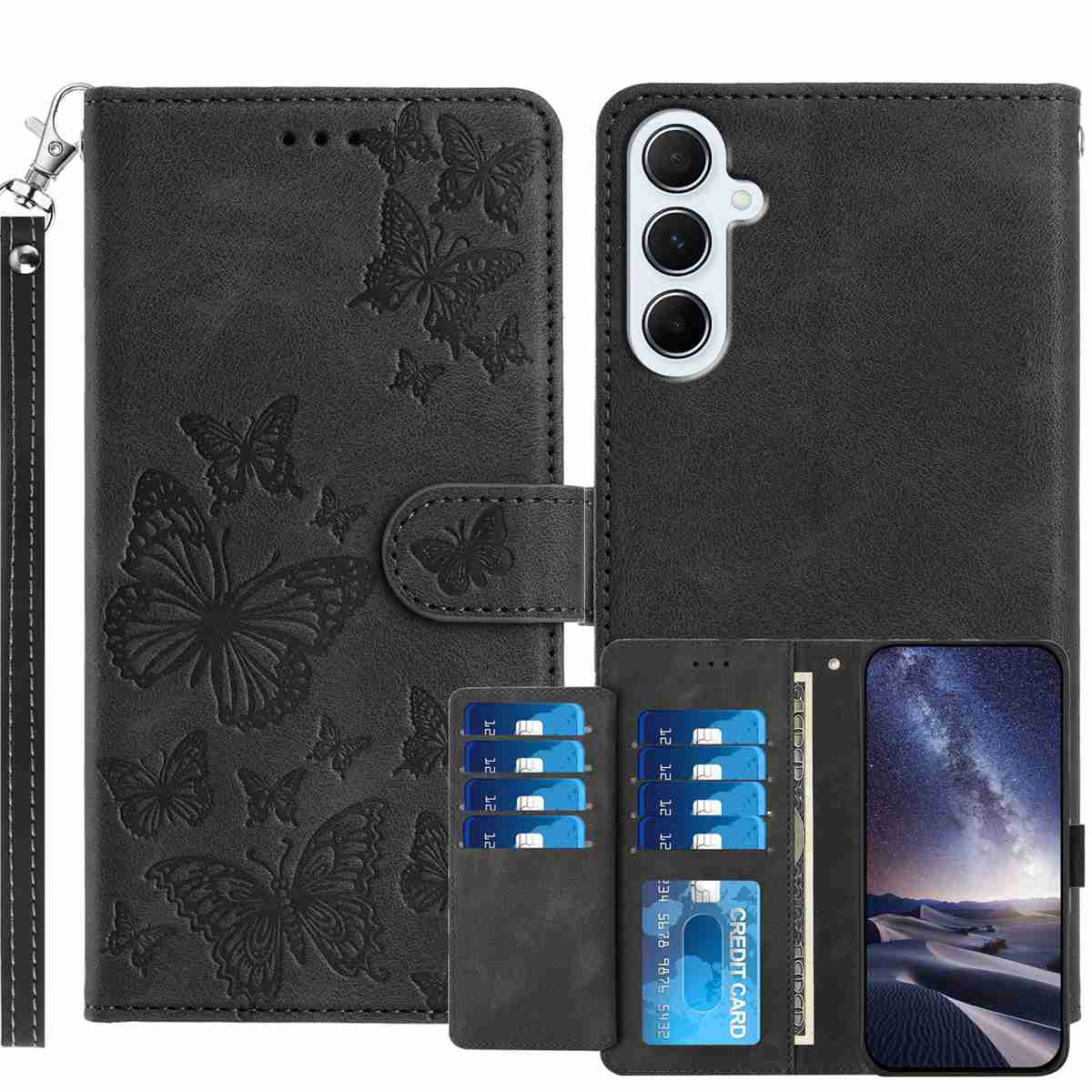 Samsung Galaxy S26 FE Plånboksfodral med 8 kortfack, tryckt fjärilsmönster, PU-läderfodral med handledsrem