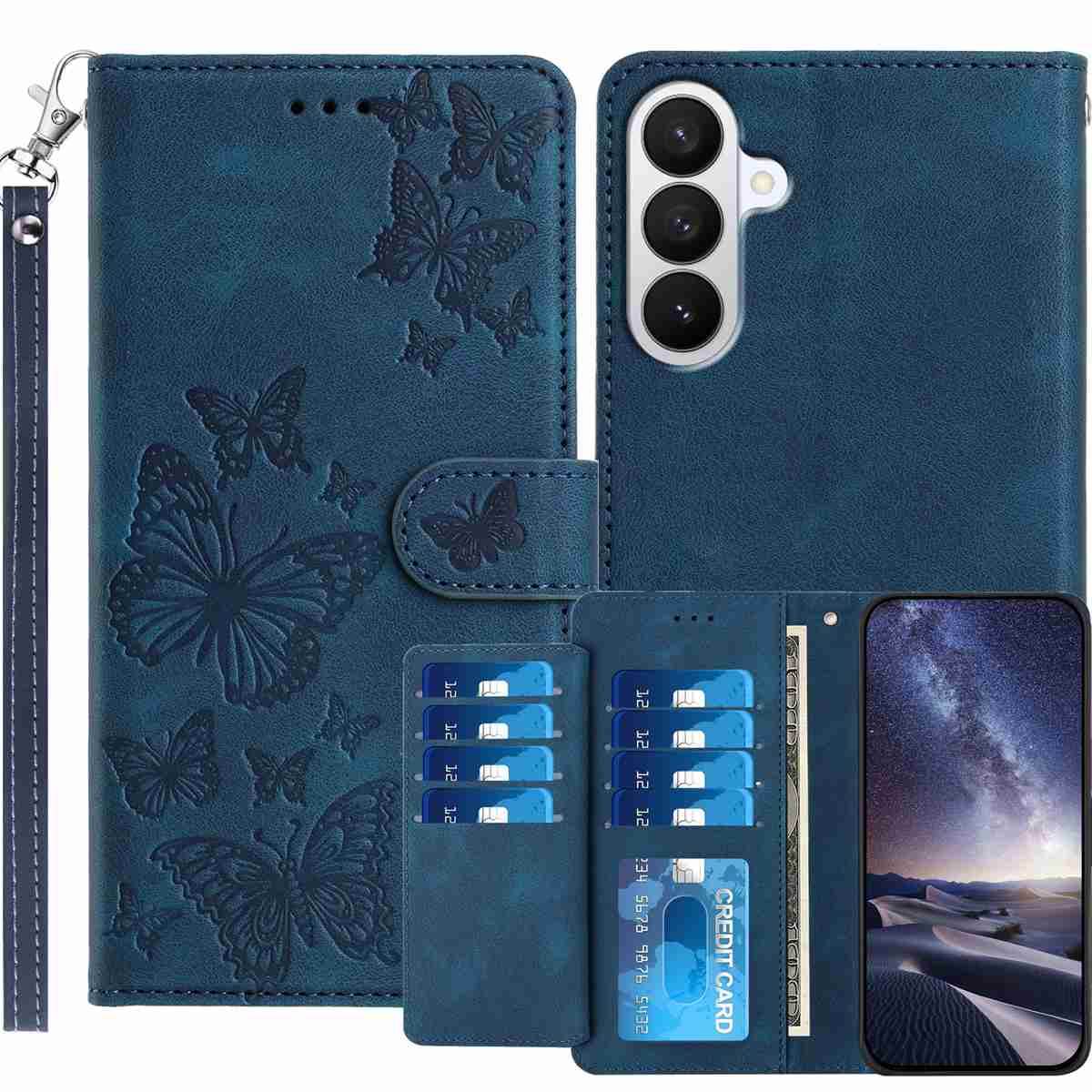 For Samsung Galaxy S26 Wallet Case with 8 Card Slot Stand Imprinted Butterfly Pattern PU Leather Phone Cover with Wrist Strap