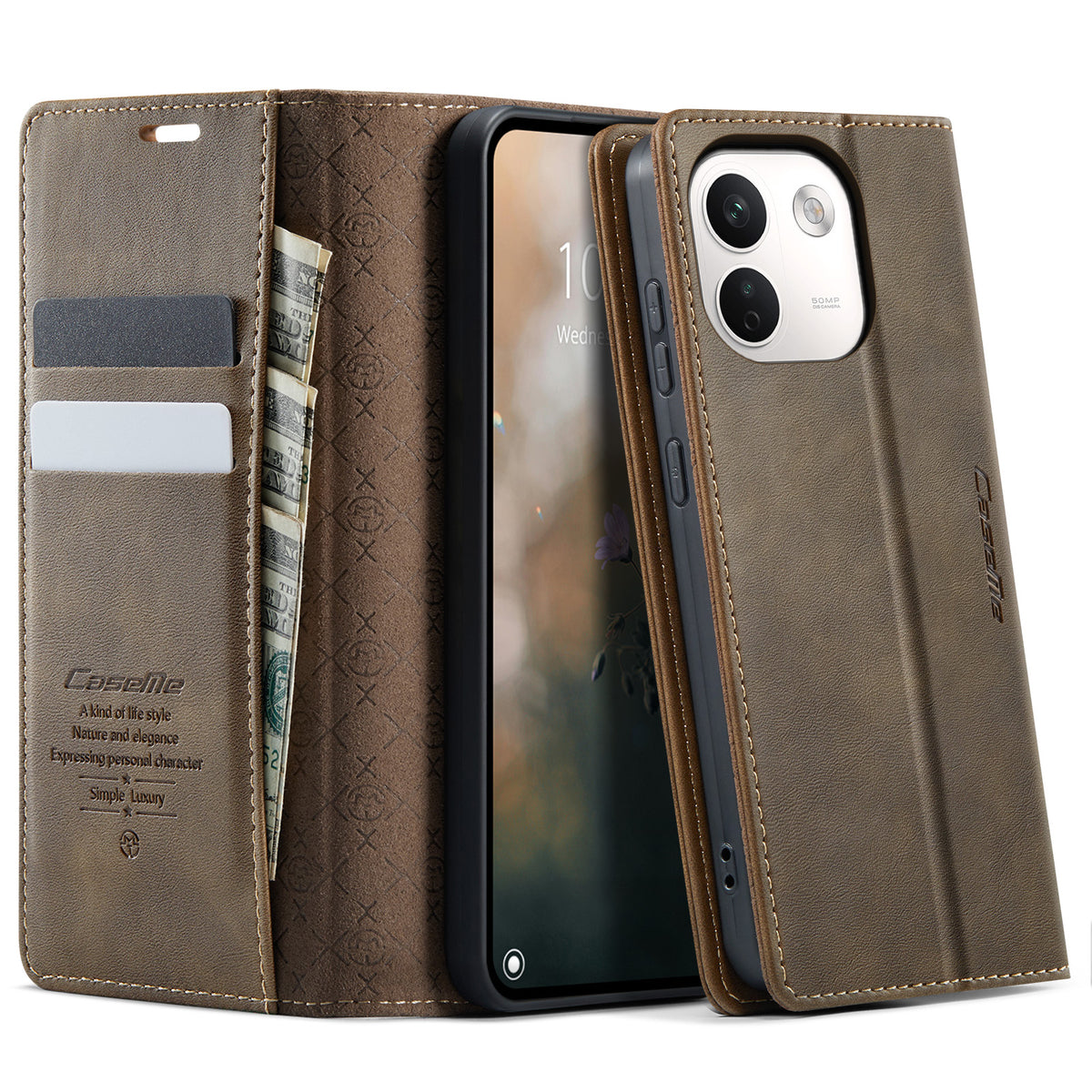 CASEME för Xiaomi Redmi Note 17 Pro Max 5G / Xiaomi Redmi Note 17 Pro+ 5G-skal 033-serien RFID-blockerande plånboksfodral i läder med kalvstruktur