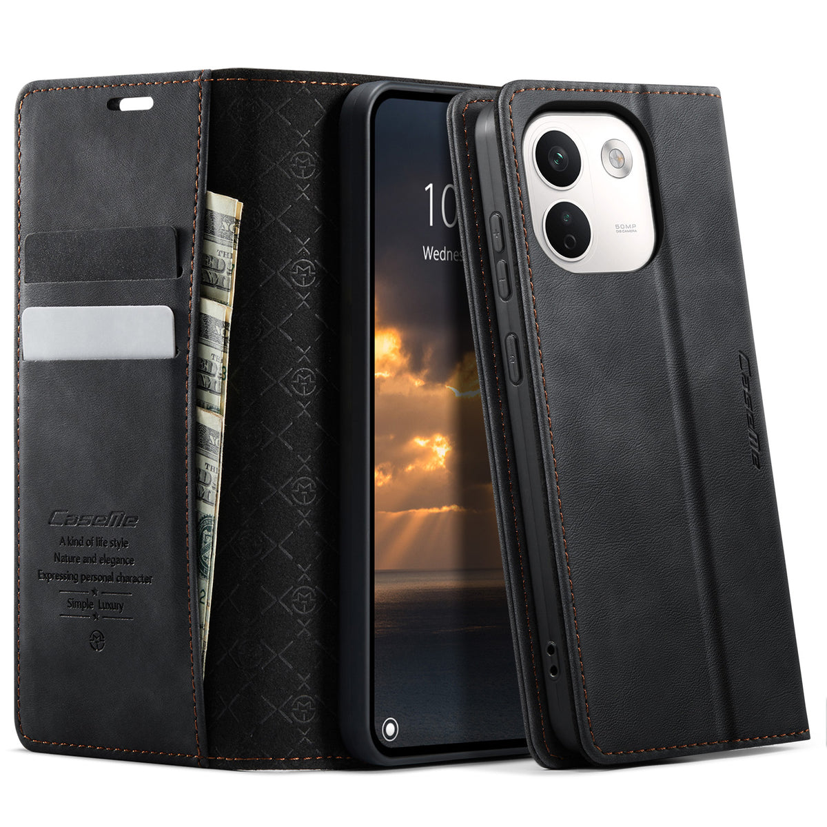 CASEME för Xiaomi Redmi Note 17 Pro Max 5G / Xiaomi Redmi Note 17 Pro+ 5G-skal 033-serien RFID-blockerande plånboksfodral i läder med kalvstruktur