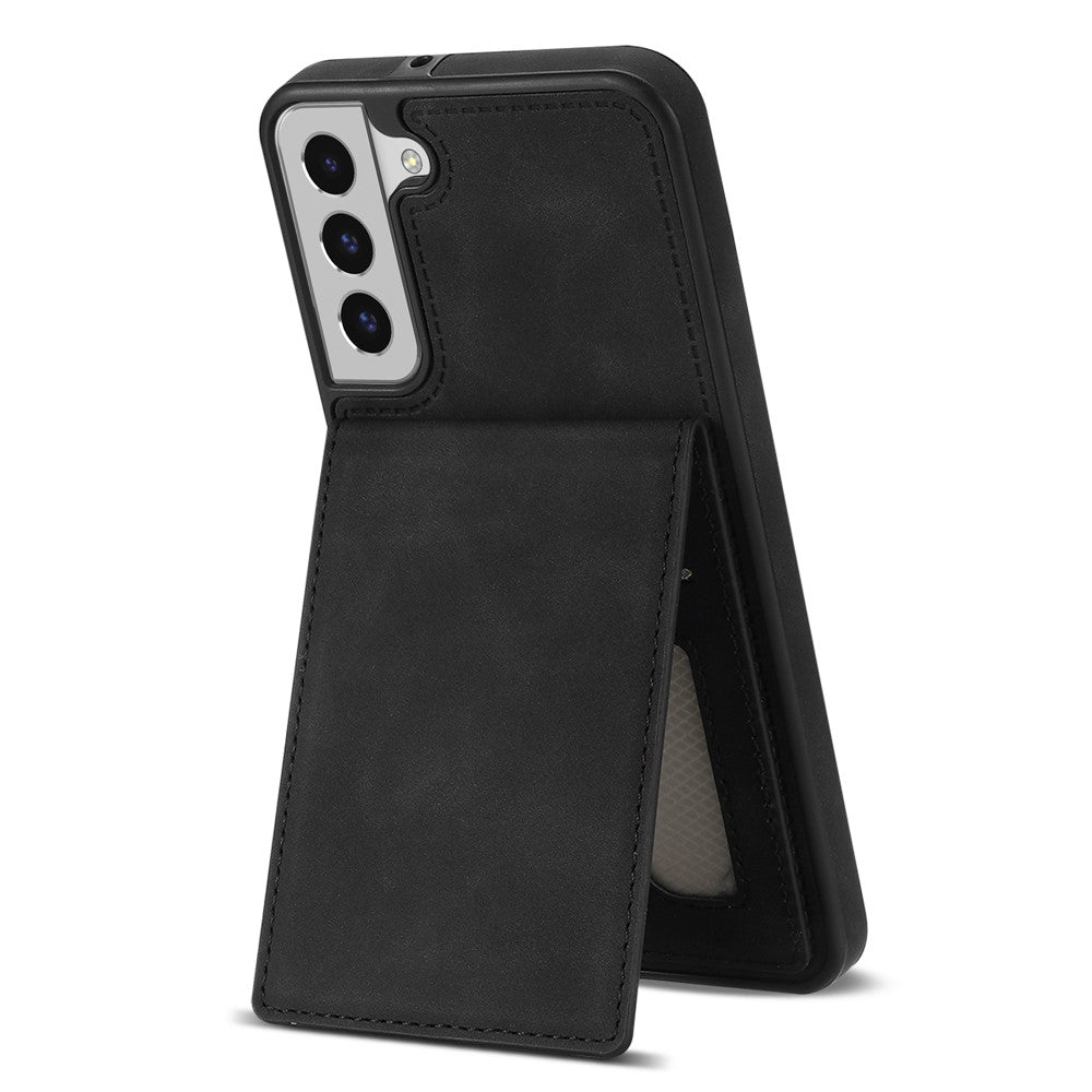 Solid Color Phone Case for Samsung Galaxy S23, Kickstand Design Back Cover RFID Blocking Multiple Card Slots Vertical Flip PU Leather Coated TPU Shell