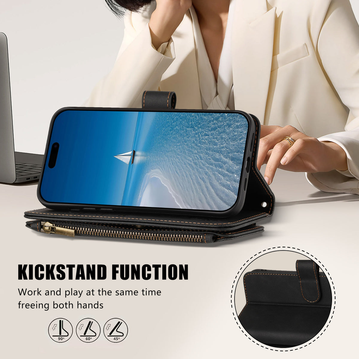 Samsung Galaxy A18 4G / A18 5G / A17 4G / A17 5G / A26 5G Läderfodral 9 Kortfack Dragkedja Plånboksfodral med Handledsrem