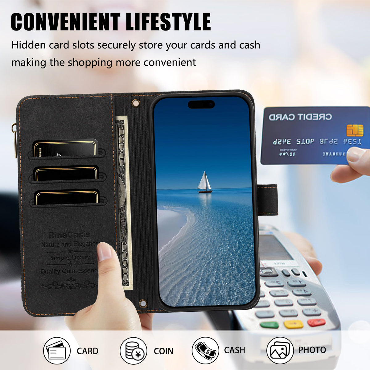 Samsung Galaxy A18 4G / A18 5G / A17 4G / A17 5G / A26 5G Läderfodral 9 Kortfack Dragkedja Plånboksfodral med Handledsrem