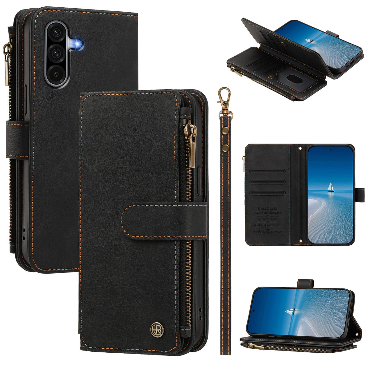 Samsung Galaxy A18 4G / A18 5G / A17 4G / A17 5G / A26 5G Läderfodral 9 Kortfack Dragkedja Plånboksfodral med Handledsrem