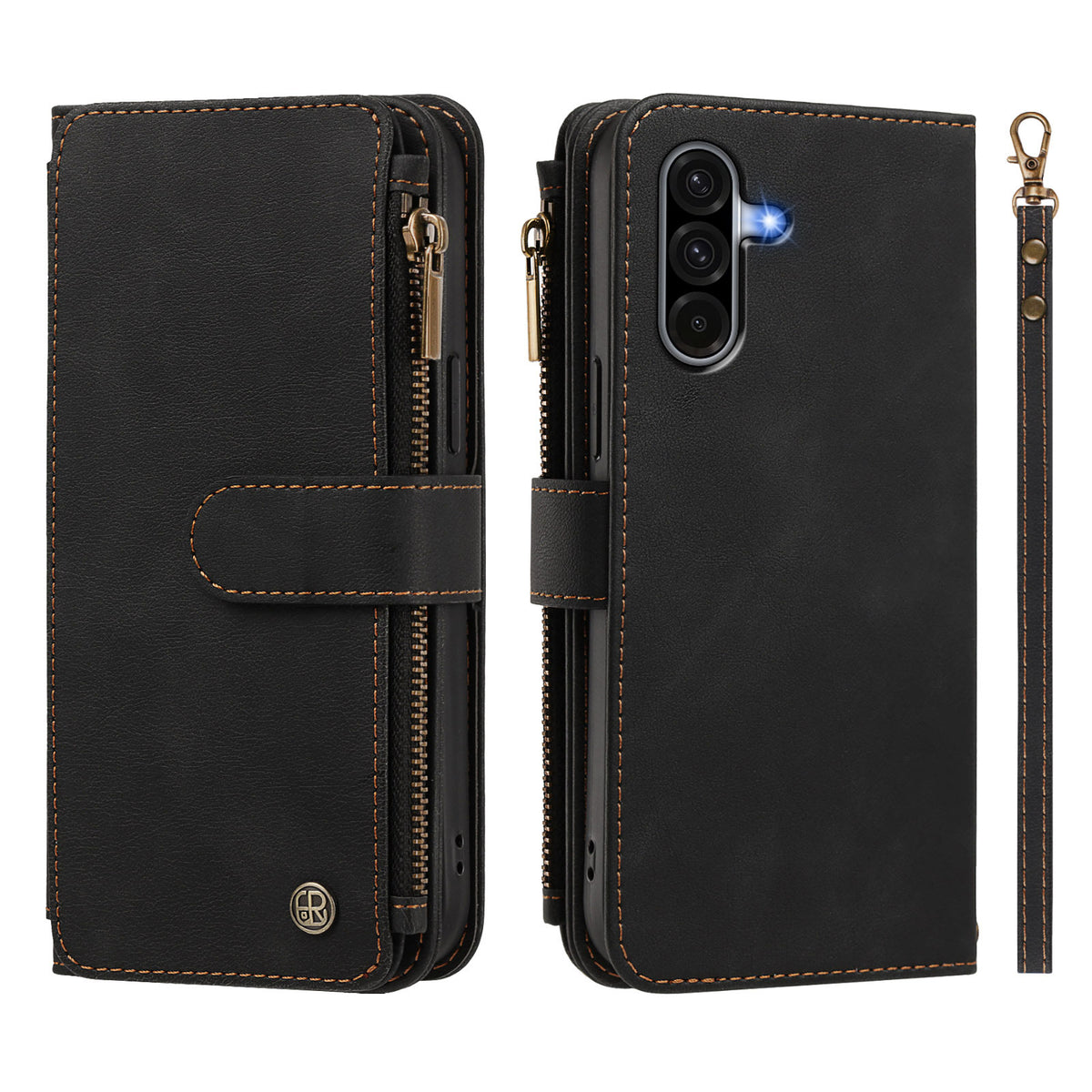 Samsung Galaxy A18 4G / A18 5G / A17 4G / A17 5G / A26 5G Läderfodral 9 Kortfack Dragkedja Plånboksfodral med Handledsrem