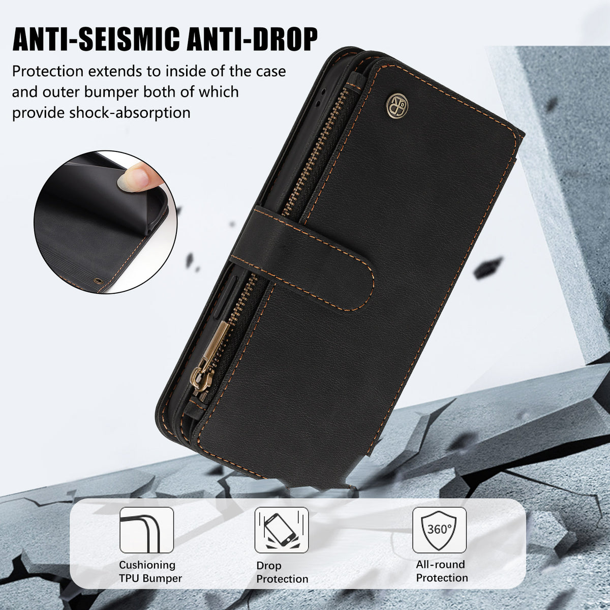 Samsung Galaxy A18 4G / A18 5G / A17 4G / A17 5G / A26 5G Läderfodral 9 Kortfack Dragkedja Plånboksfodral med Handledsrem