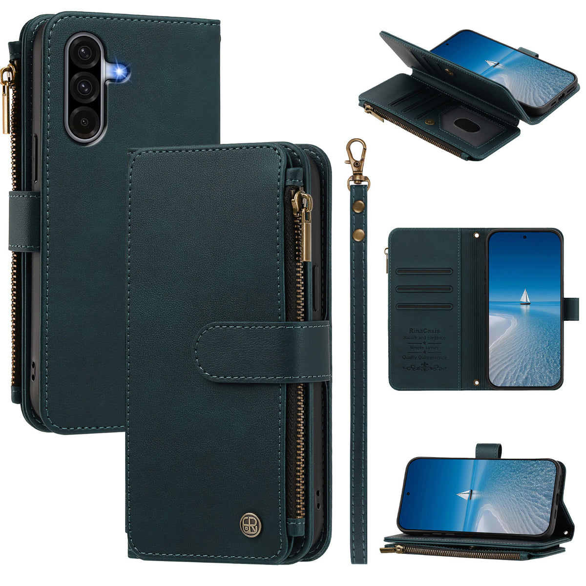 Samsung Galaxy A18 4G / A18 5G / A17 4G / A17 5G / A26 5G Läderfodral 9 Kortfack Dragkedja Plånboksfodral med Handledsrem