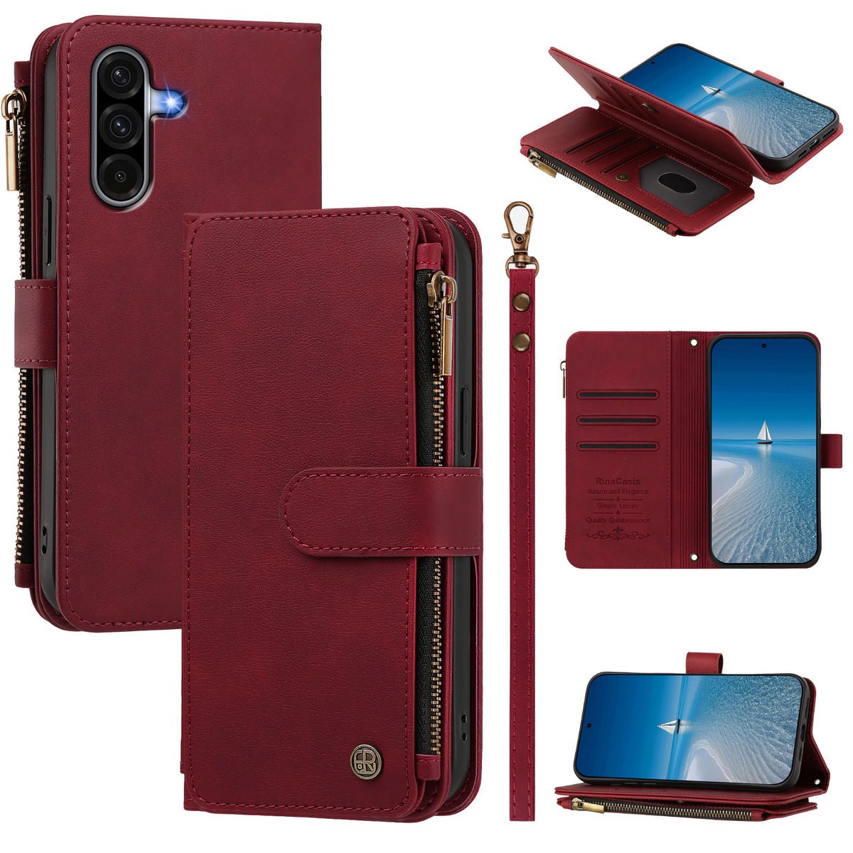 Samsung Galaxy A18 4G / A18 5G / A17 4G / A17 5G / A26 5G Läderfodral 9 Kortfack Dragkedja Plånboksfodral med Handledsrem