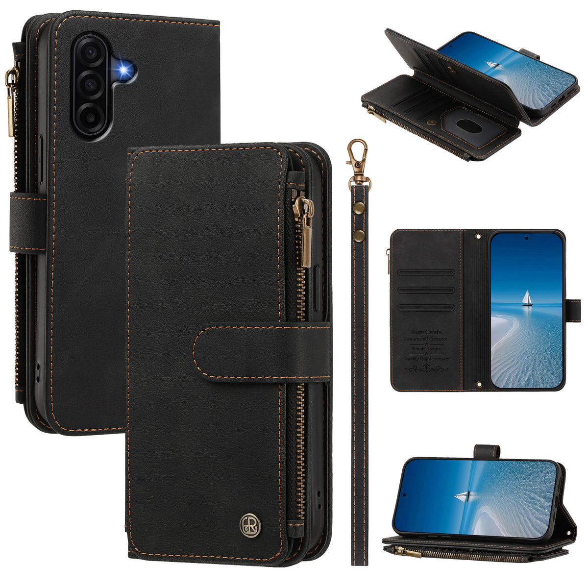 Samsung Galaxy A36 5G / Galaxy A56 5G / Galaxy A37 5G lædercover med 9 kortlommer, lynlås, tegnebogsfunktion og håndledsrem