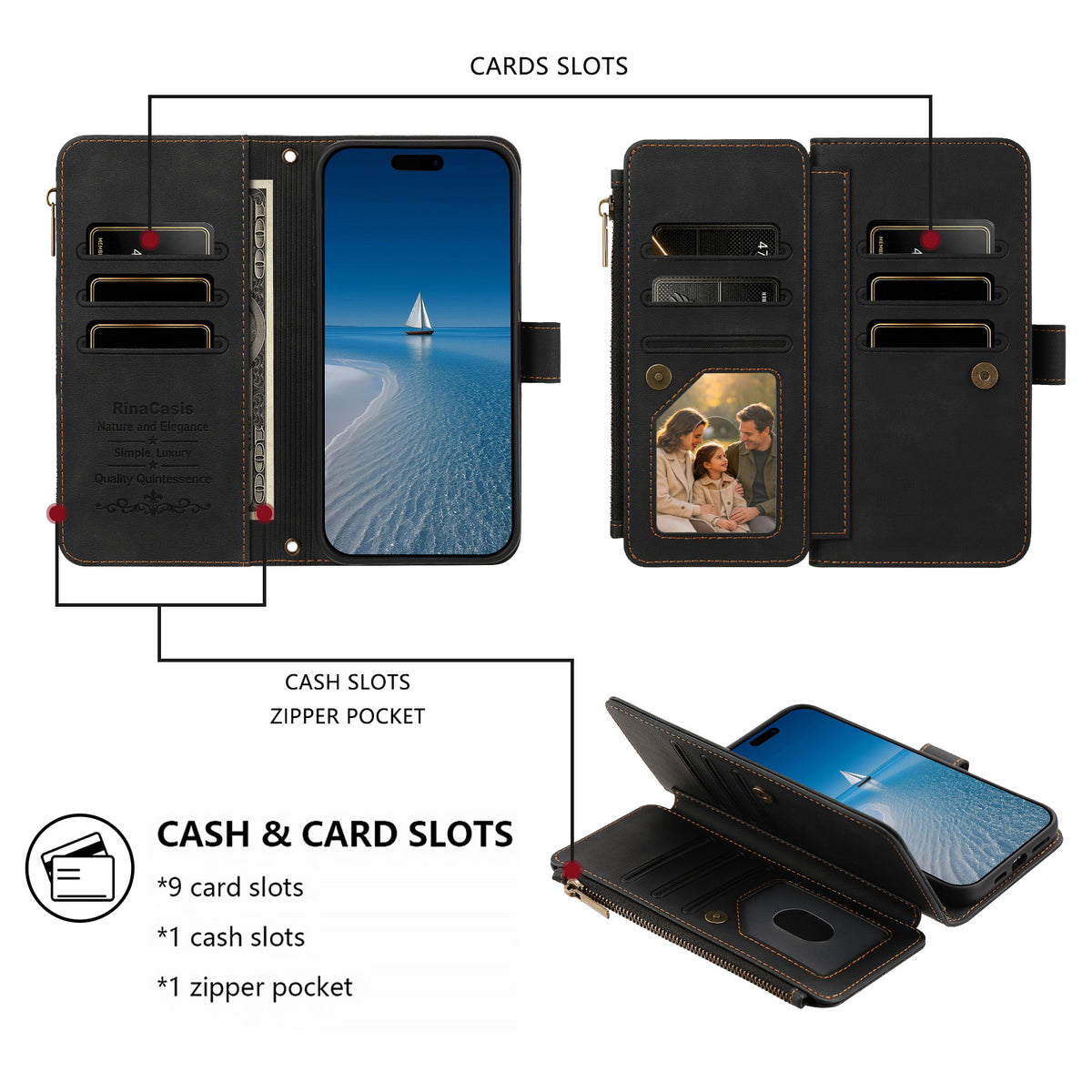 Samsung Galaxy A36 5G / Galaxy A56 5G / Galaxy A37 5G lædercover med 9 kortlommer, lynlås, tegnebogsfunktion og håndledsrem
